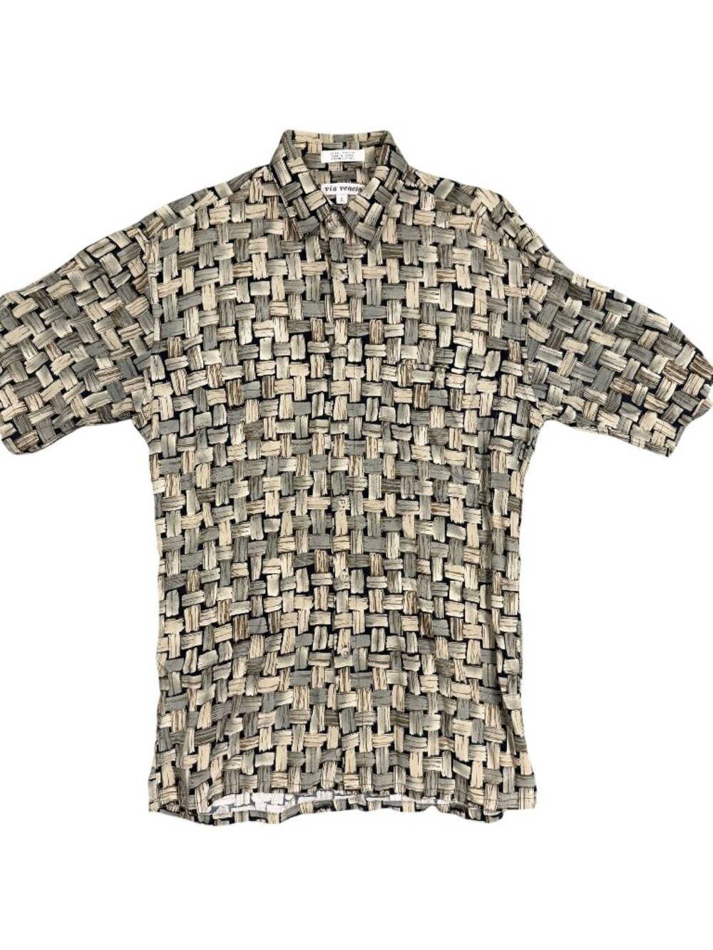 Vintage Via Veneto Beige Gray Woven Pattern Short Sleeve Button-Up Rayon Small